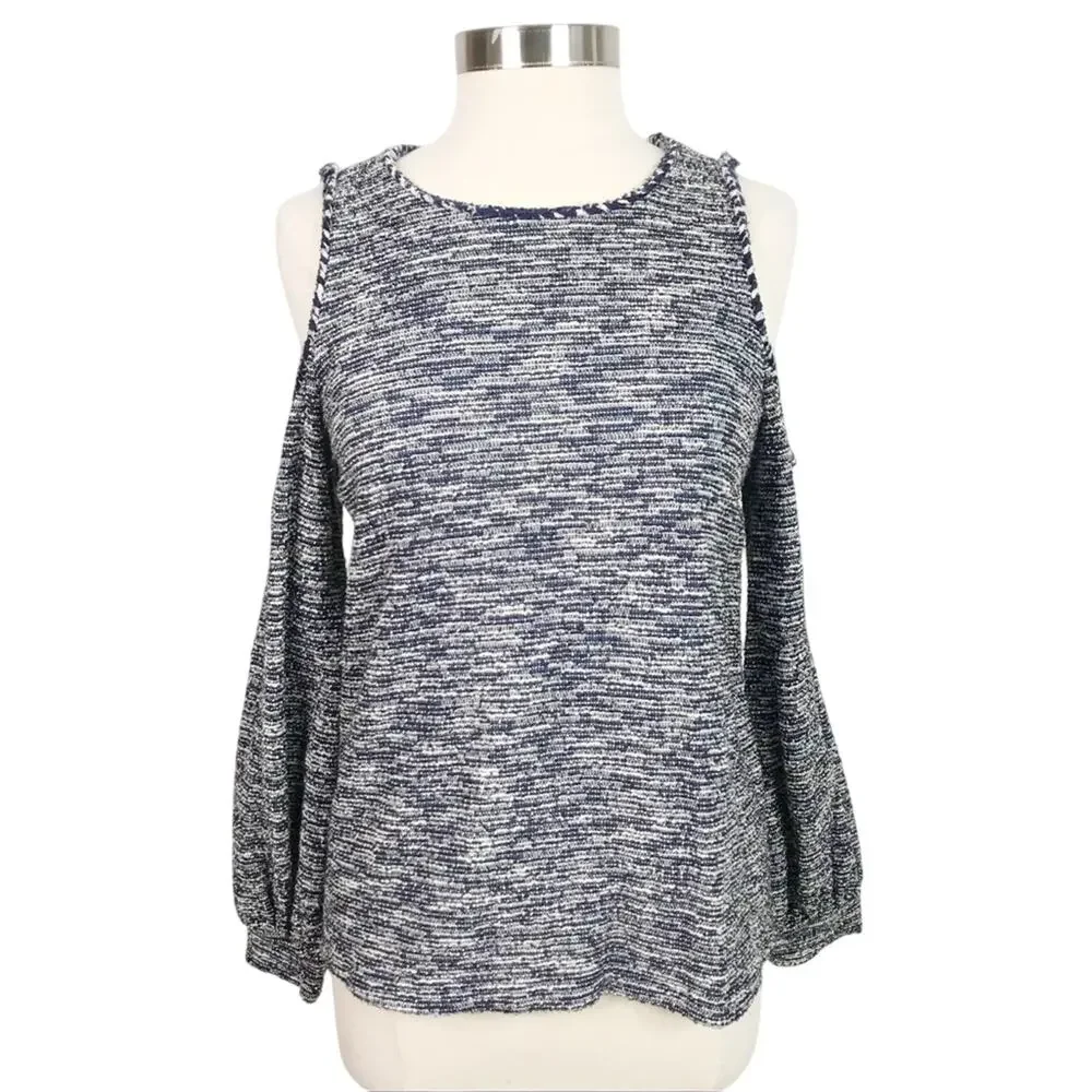 LOFT Medium M Blue Tweed Cold Shoulder Balloon Sleeve Top Textured Knit Scoop